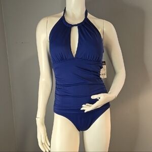 Ralph Lauren Blue Stylish Keyhole Halter Top Side Shirring Swimsuit Size 6